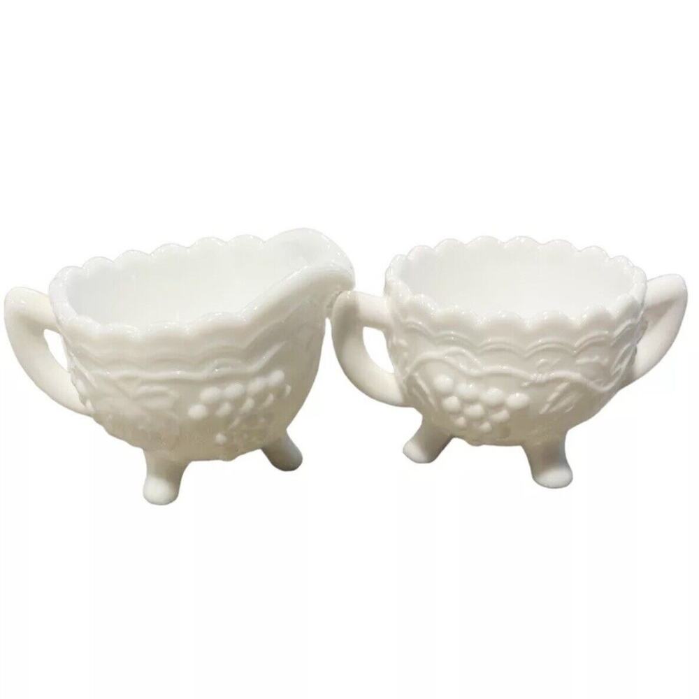 Imperial White Milk Glass Grape & Leaf Footed Cream Pitcher and Sugar Bowl Set